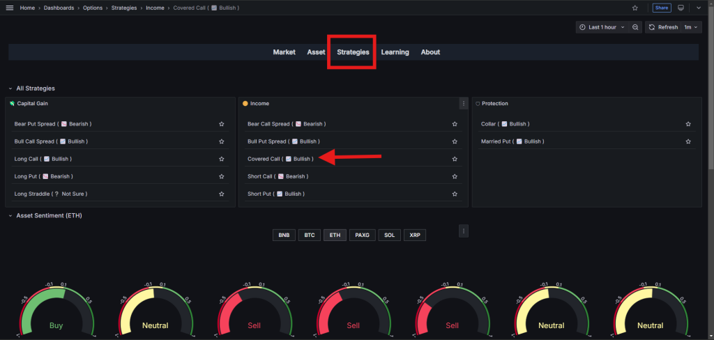 منوی Strategies در نرمافزار دیده بان آپشن کریپتو و گزینه مربوط به استراتژی Covered Call