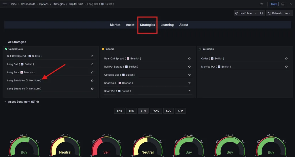 منوی Strategies در نرمافزار دیده بان آپشن کریپتو و گزینه مربوط به استراتژی Long Straddle