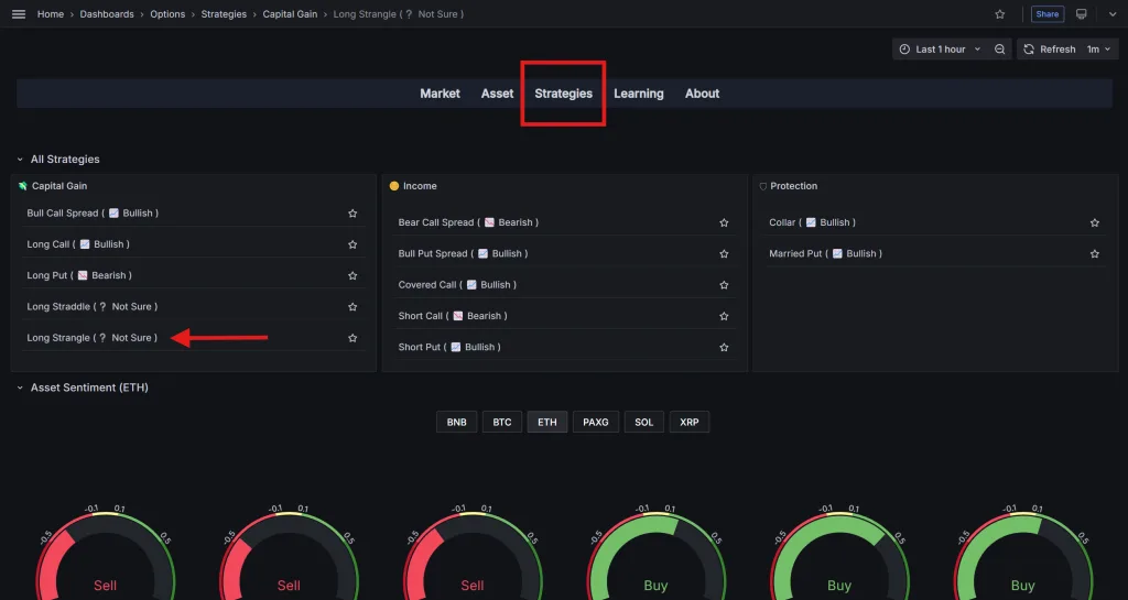 منوی Strategies در نرمافزار دیده بان آپشن کریپتو و گزینه مربوط به استراتژی Long Strangle